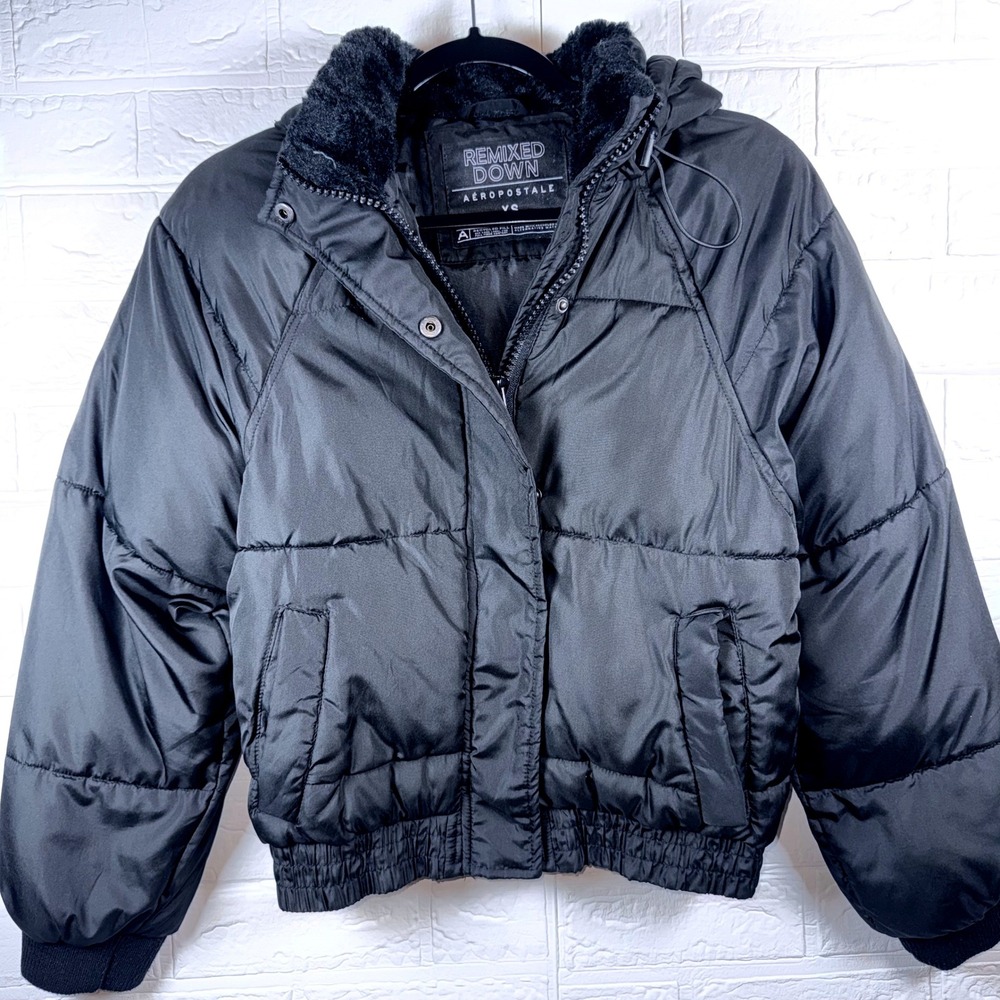 Aeropostale Puffer Jacket Women XS Black Quilted Faux Fur Hooded Streetwear